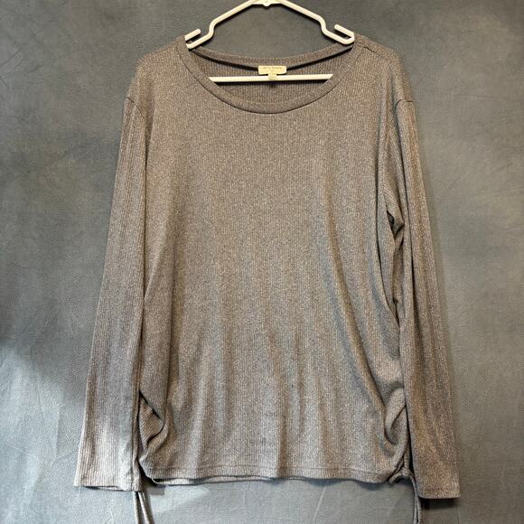 Free Kisses Plus 1X Gray Ribbed Long Sleeve Side Ruched Knit Top Minimalist - Picture 1 of 7